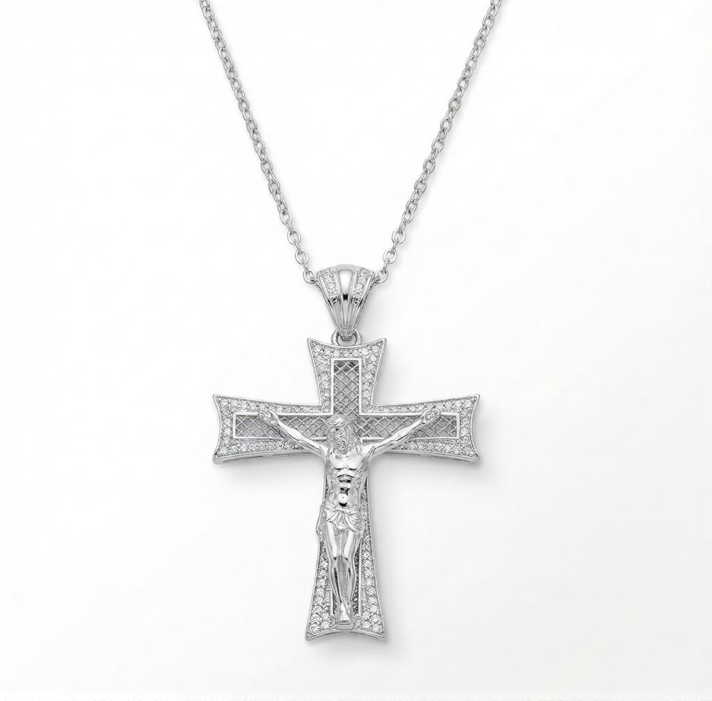 Silver cross pendant necklace on a white background