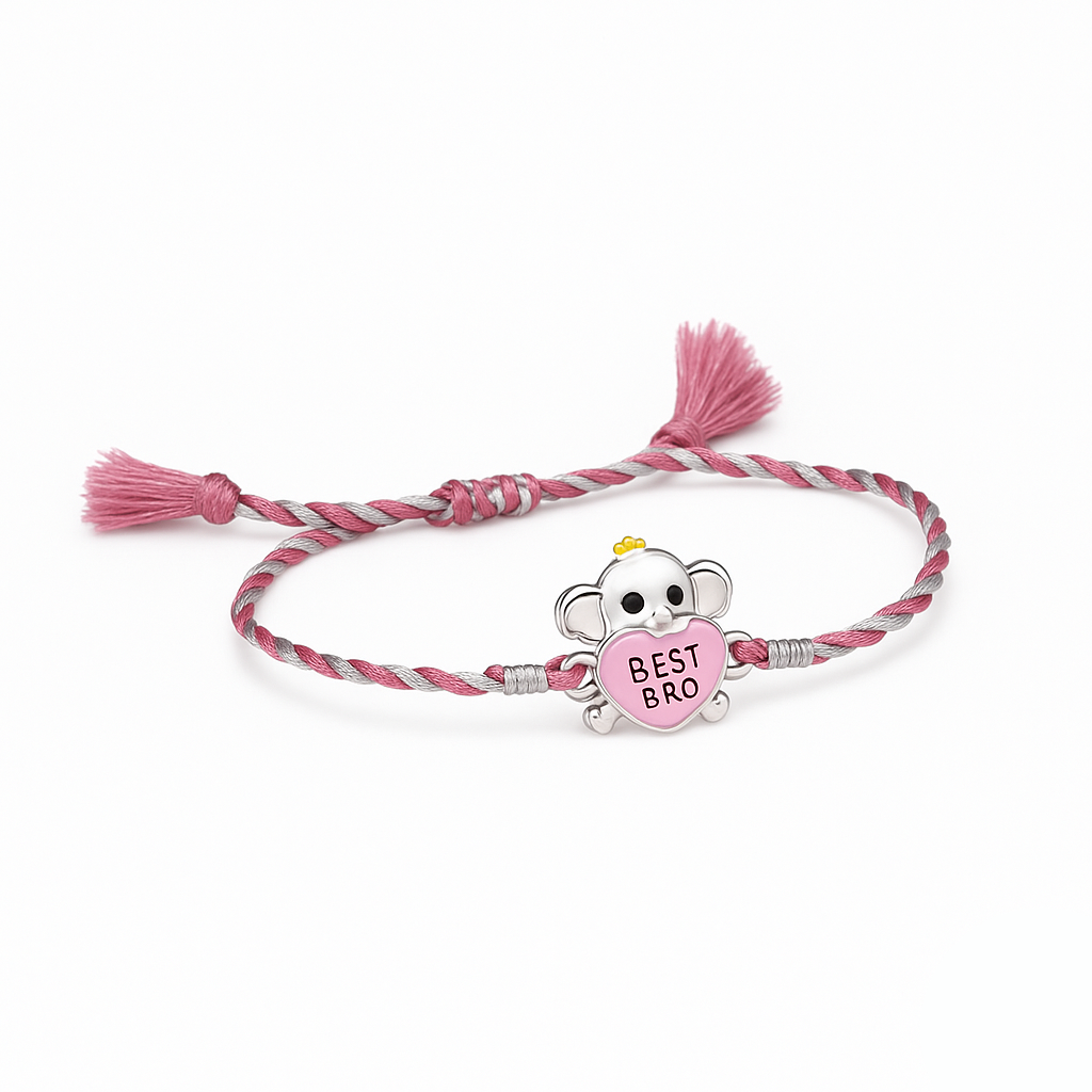 Pink and white braided bracelet with a cartoon character charm on a white background