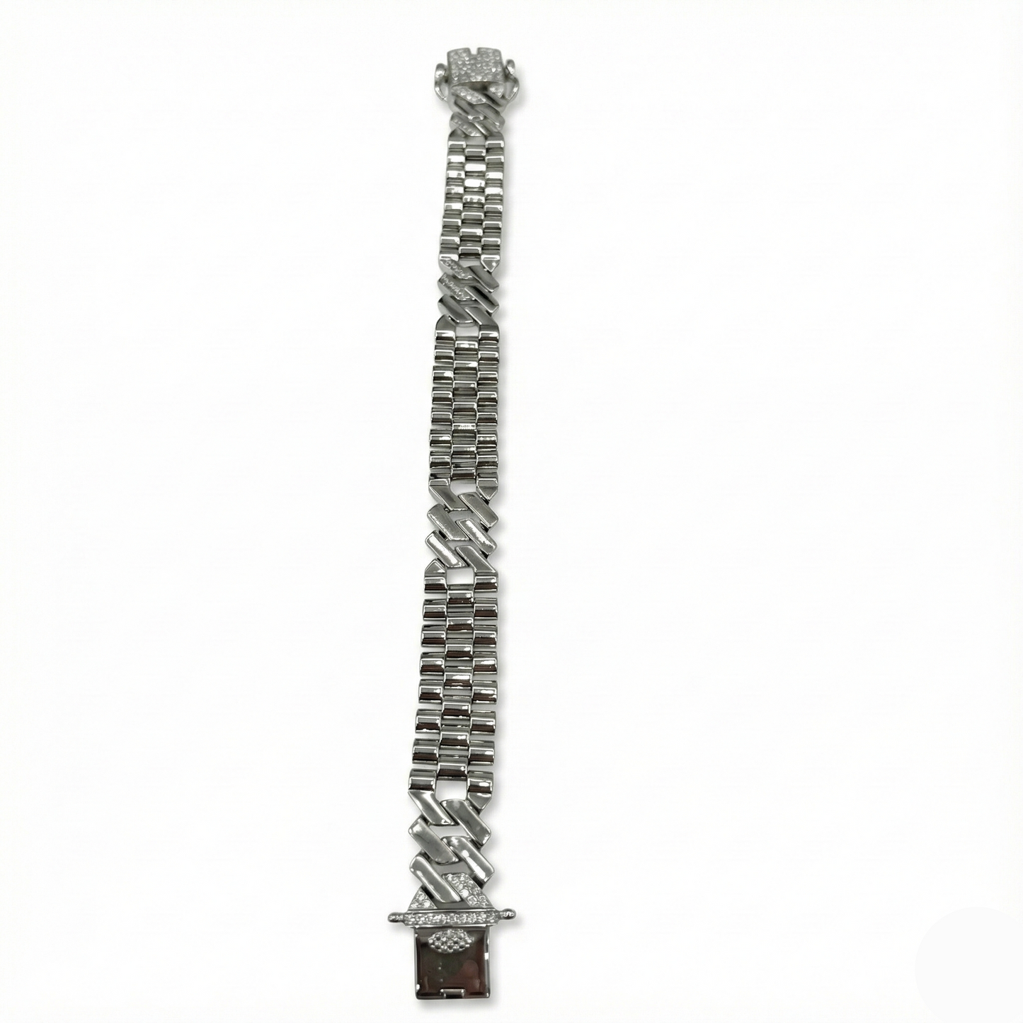 Metallic watch strap with a clasp on a white background