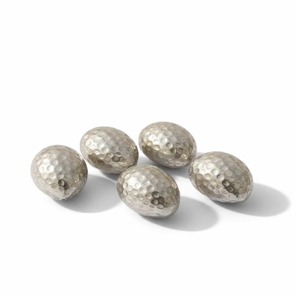 Five metallic golf balls on a white background