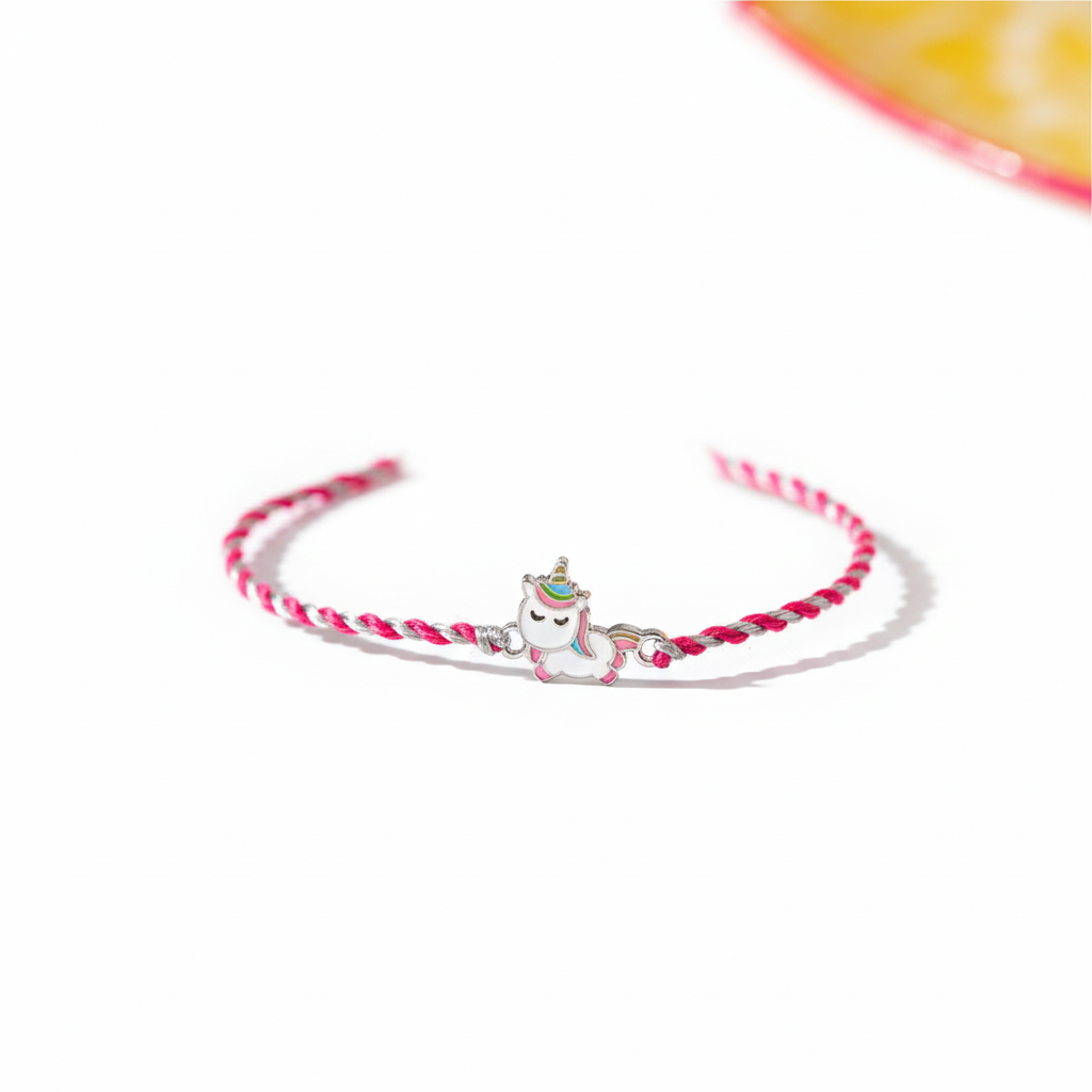 Bracelet with a unicorn charm on a white background