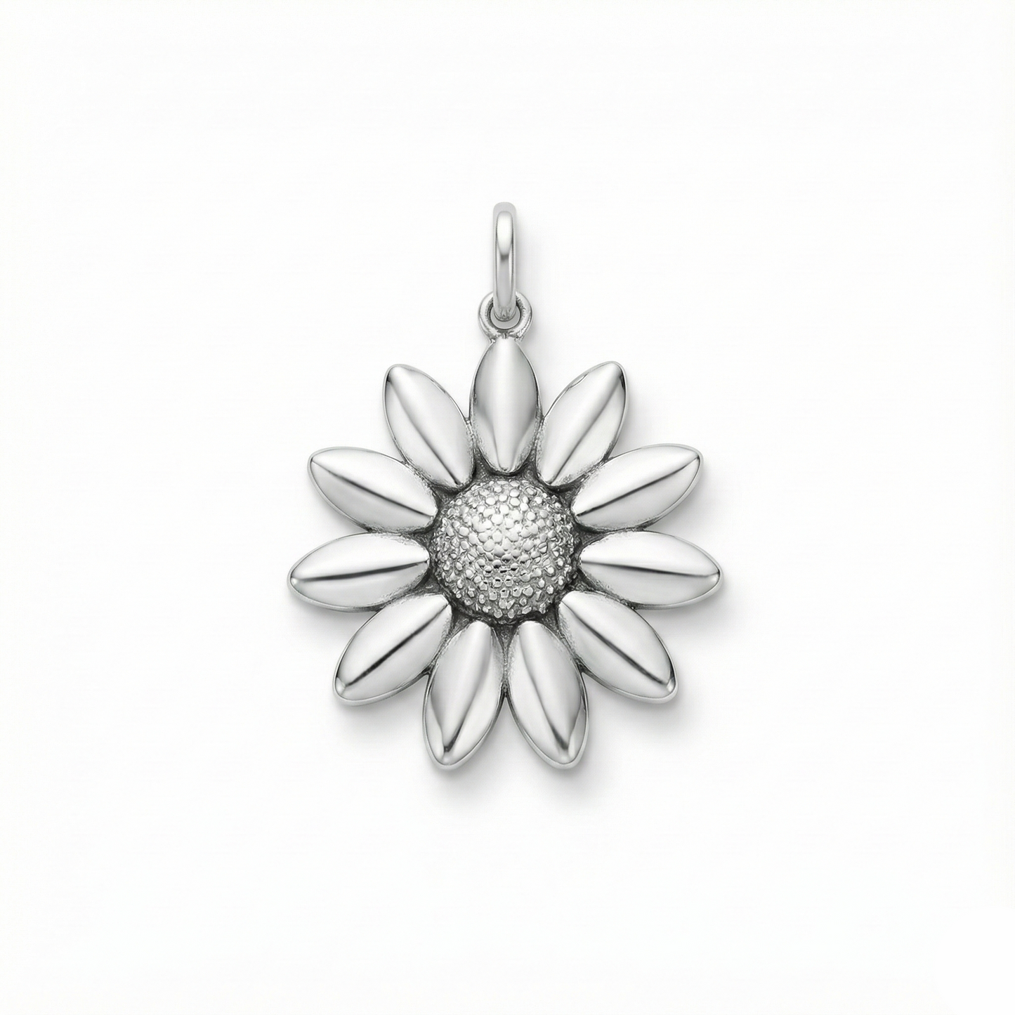 Silver flower-shaped pendant on a white background