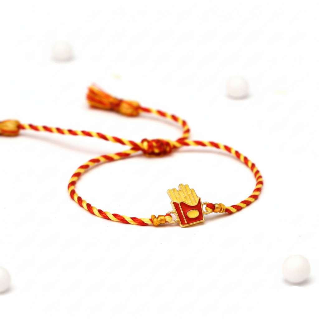 Bracelet with a French fry charm on a white background