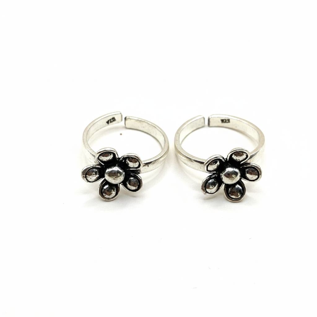 Pair of silver flower-shaped rings on a white background