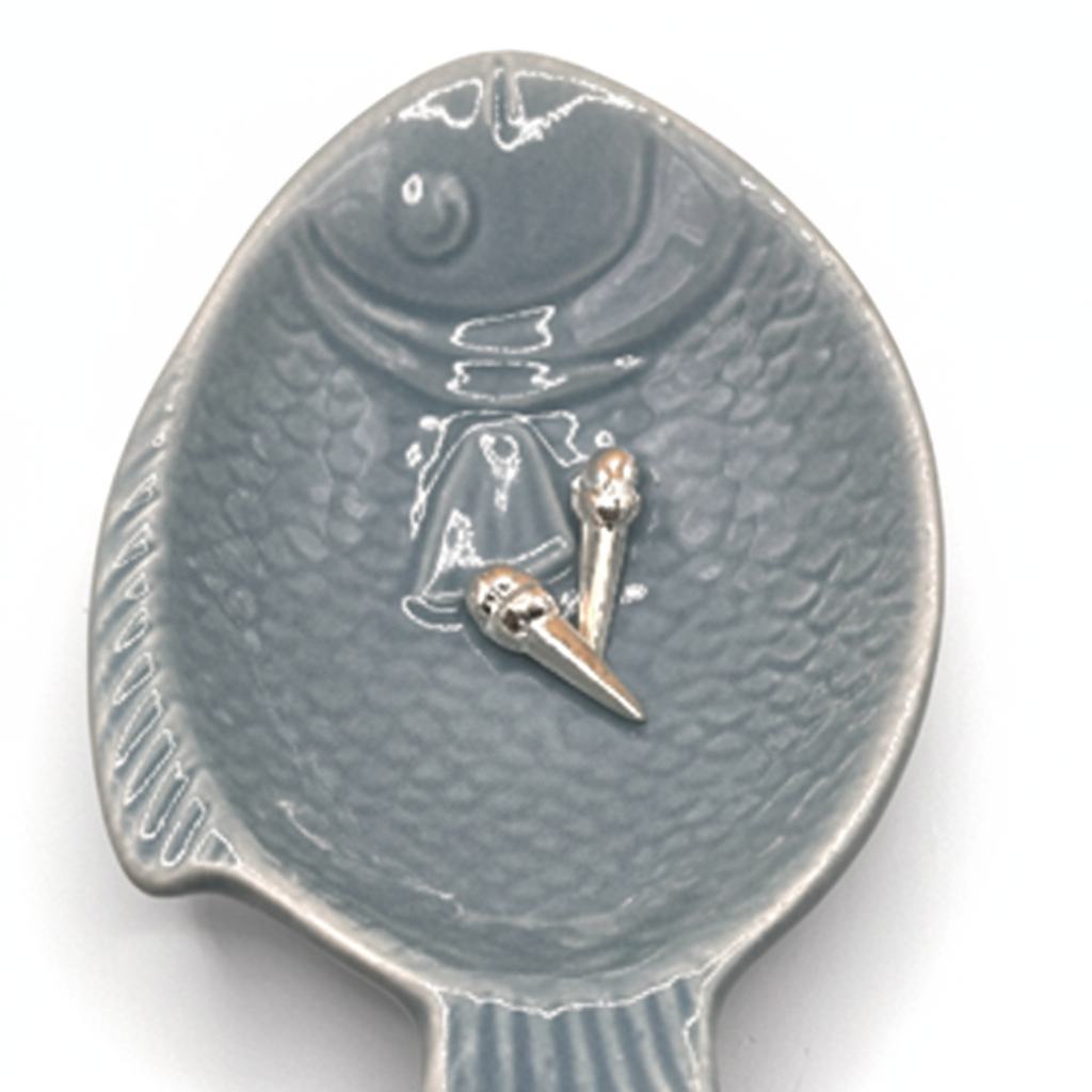 Decorative spoon with a fish design on a white background