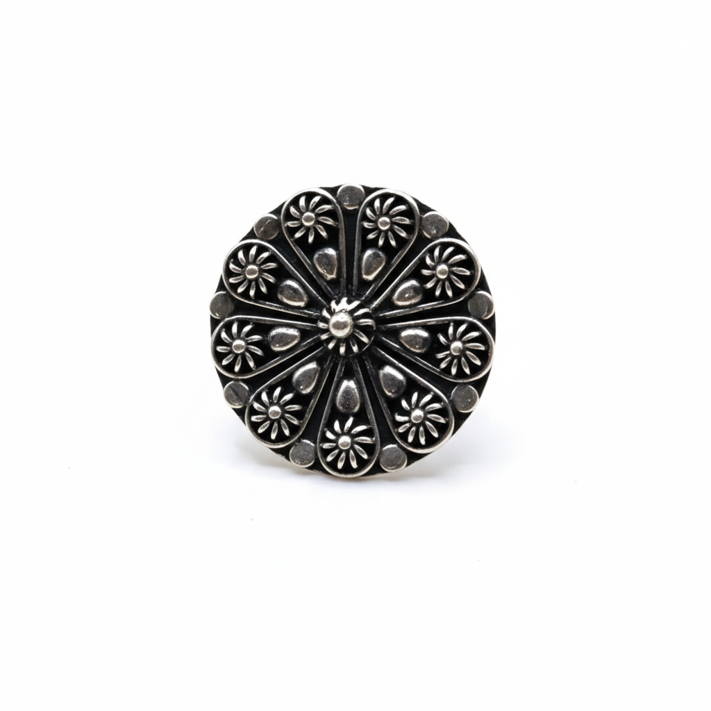 Silver floral-patterned ring on a white background