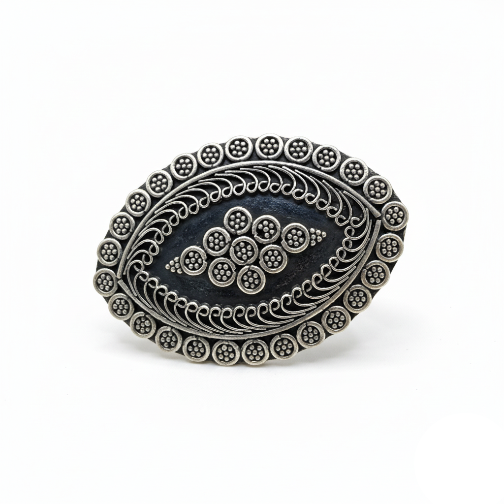 Decorative silver ring with intricate patterns on a white background
