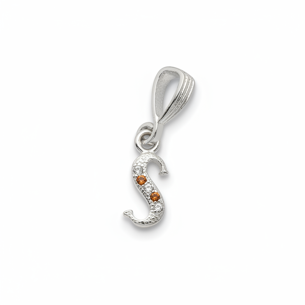 Silver pendant with a letter 'S' and a small orange gemstone on a white background