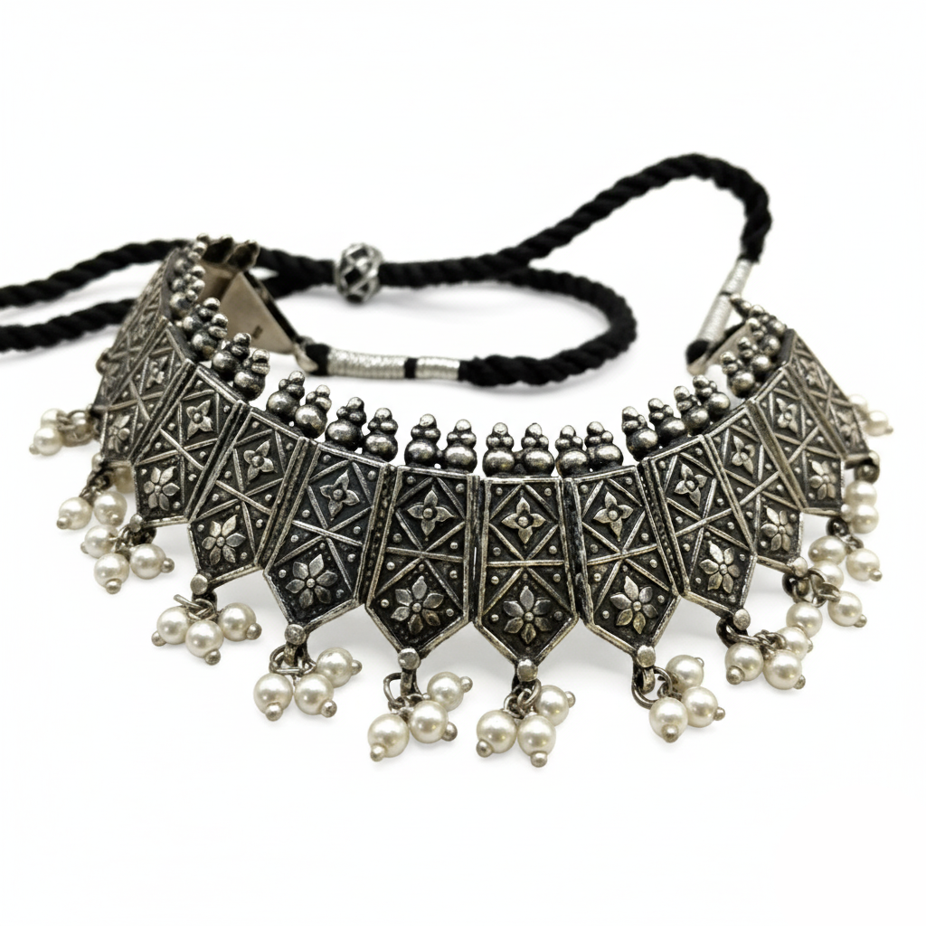Ornate silver necklace with pearl-like beads on a white background