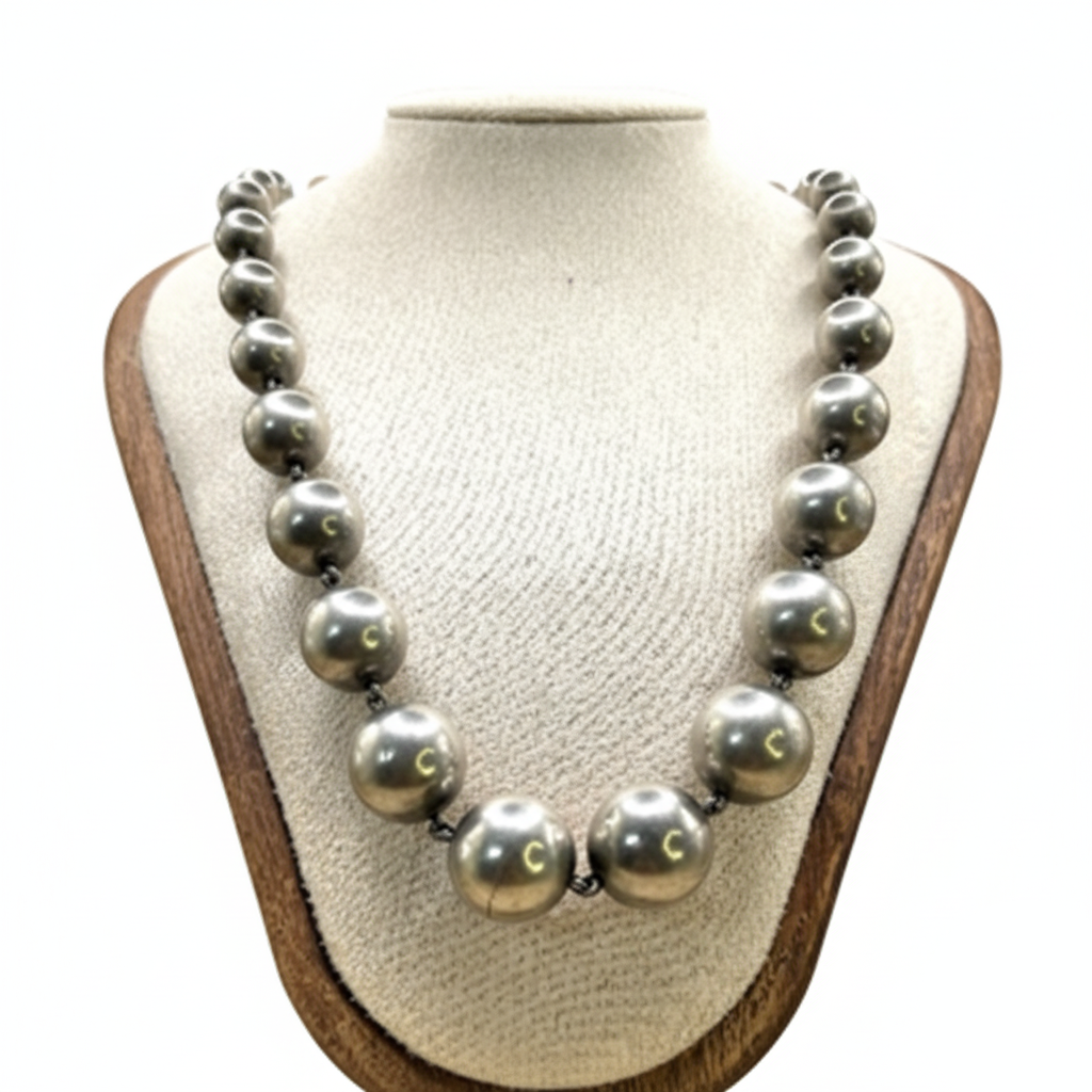 Necklace with large pearls on a mannequin bust against a white background