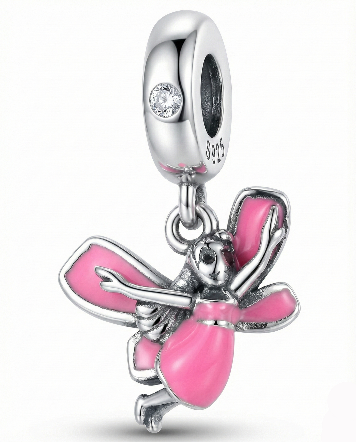 Silver charm with pink flower and clear gem on a white background