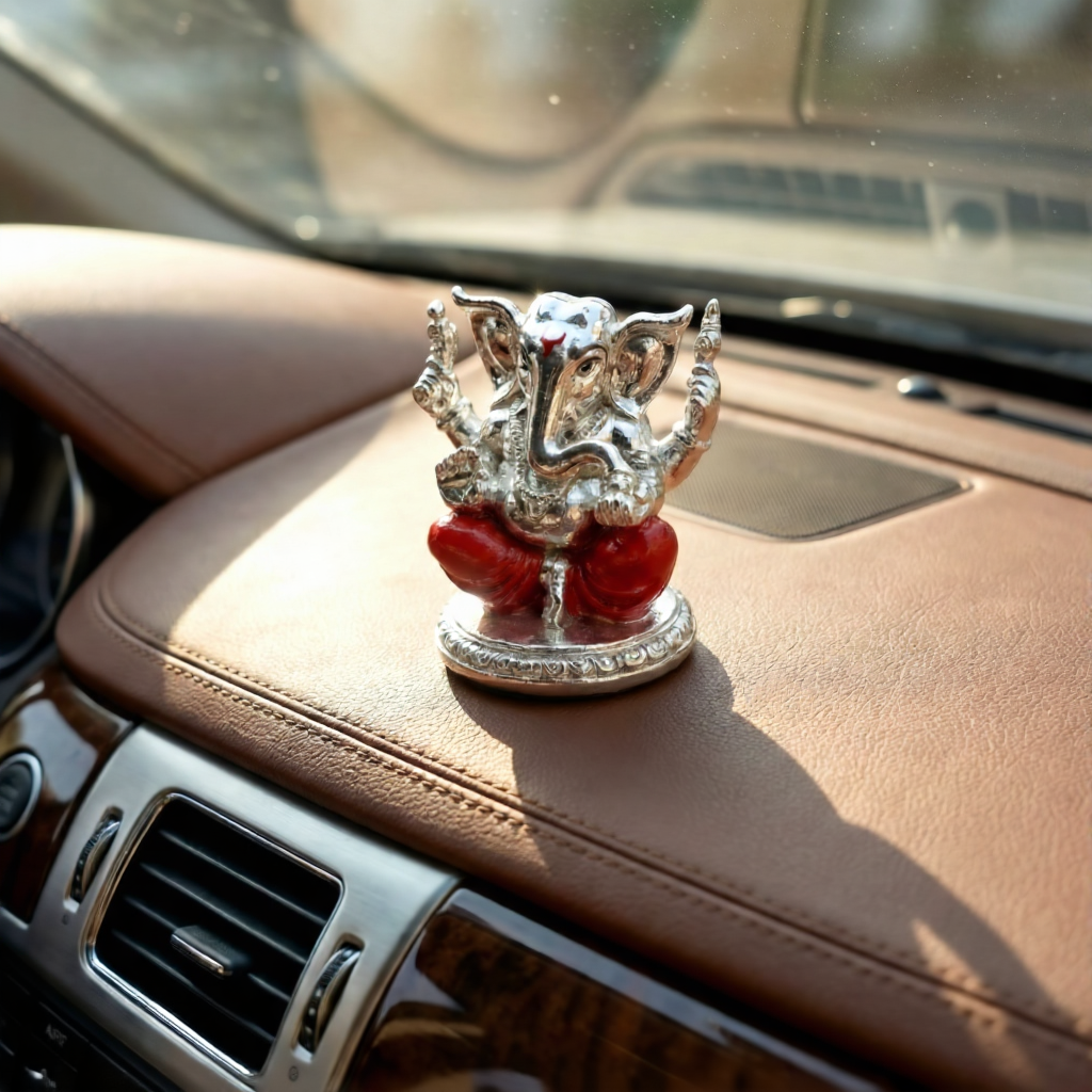 Divine Blessings Silver Ganesha Dashboard Idol