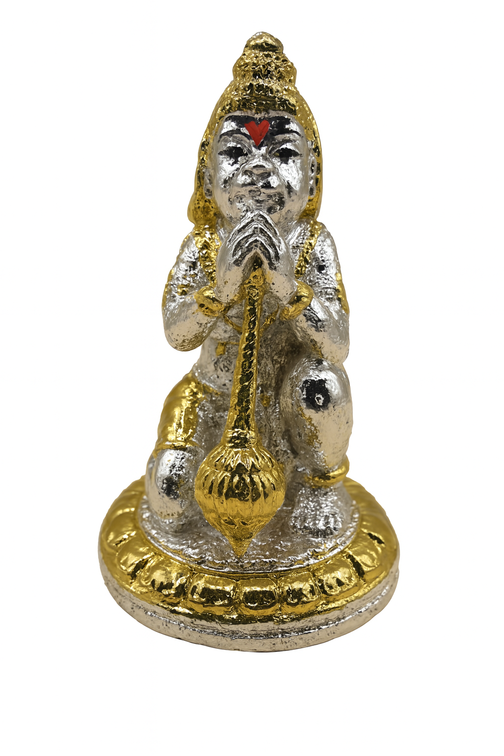 Small statue of a deity in silver and gold on a white background