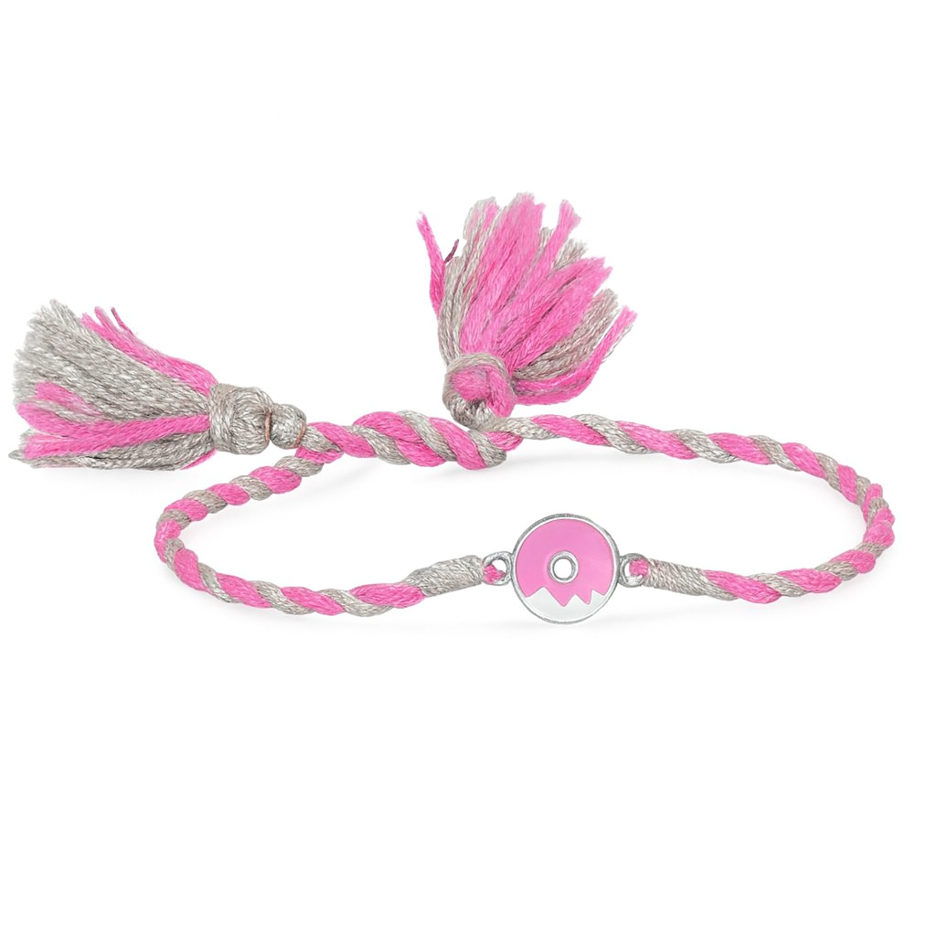Pink and gray braided bracelet with tassels on a white background