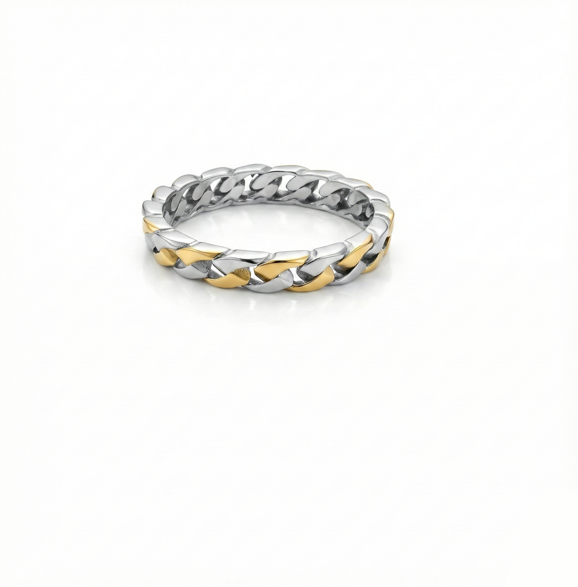 Two-tone ring with braided design on a white background