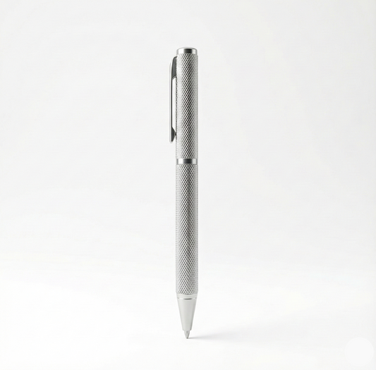Silver pen on a white background