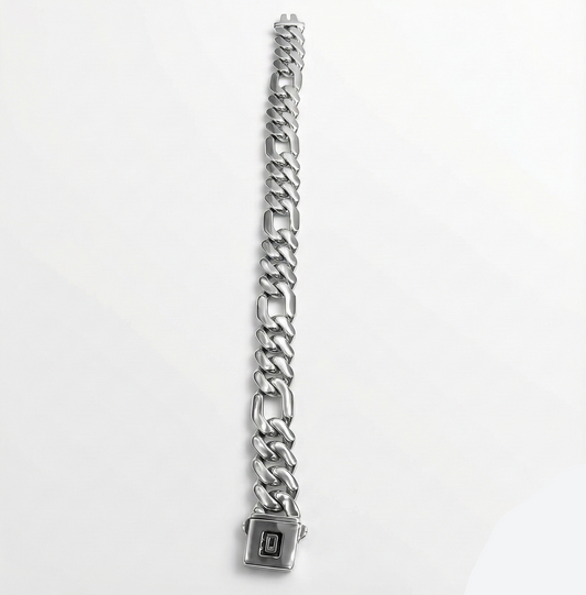 Silver chain bracelet with a clasp on a light gray background