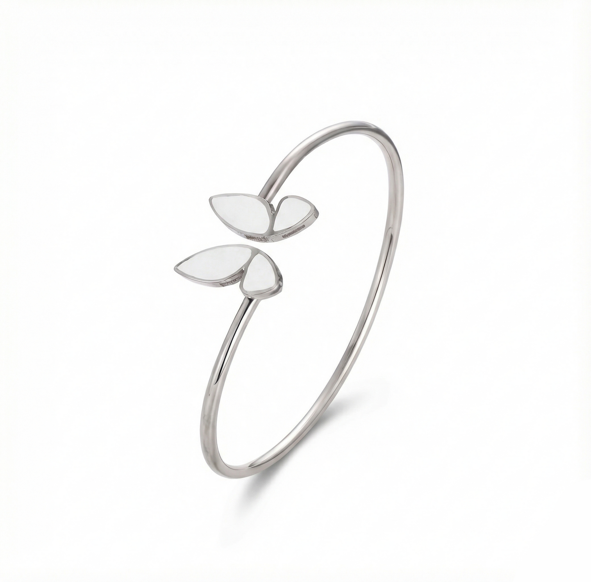 Silver bracelet with leaf-shaped charms on a white background