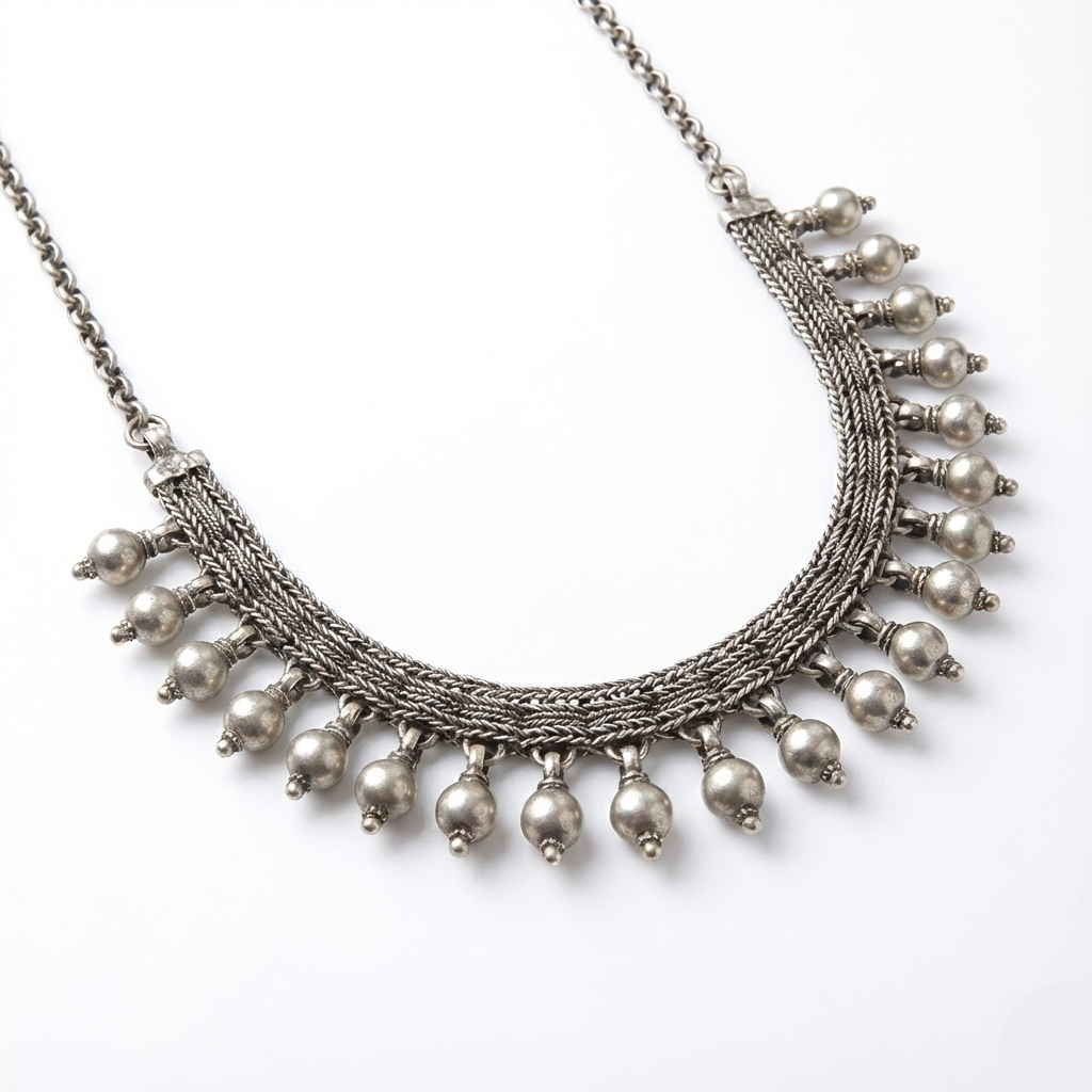 Silver necklace with multiple strands and hanging beads on a white background