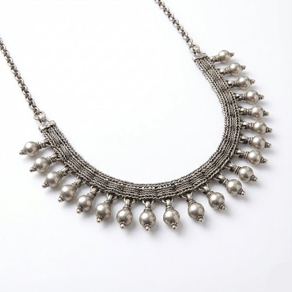Silver necklace with multiple strands and hanging beads on a white background