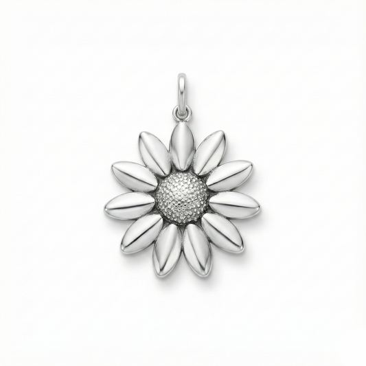 Silver flower-shaped pendant on a white background
