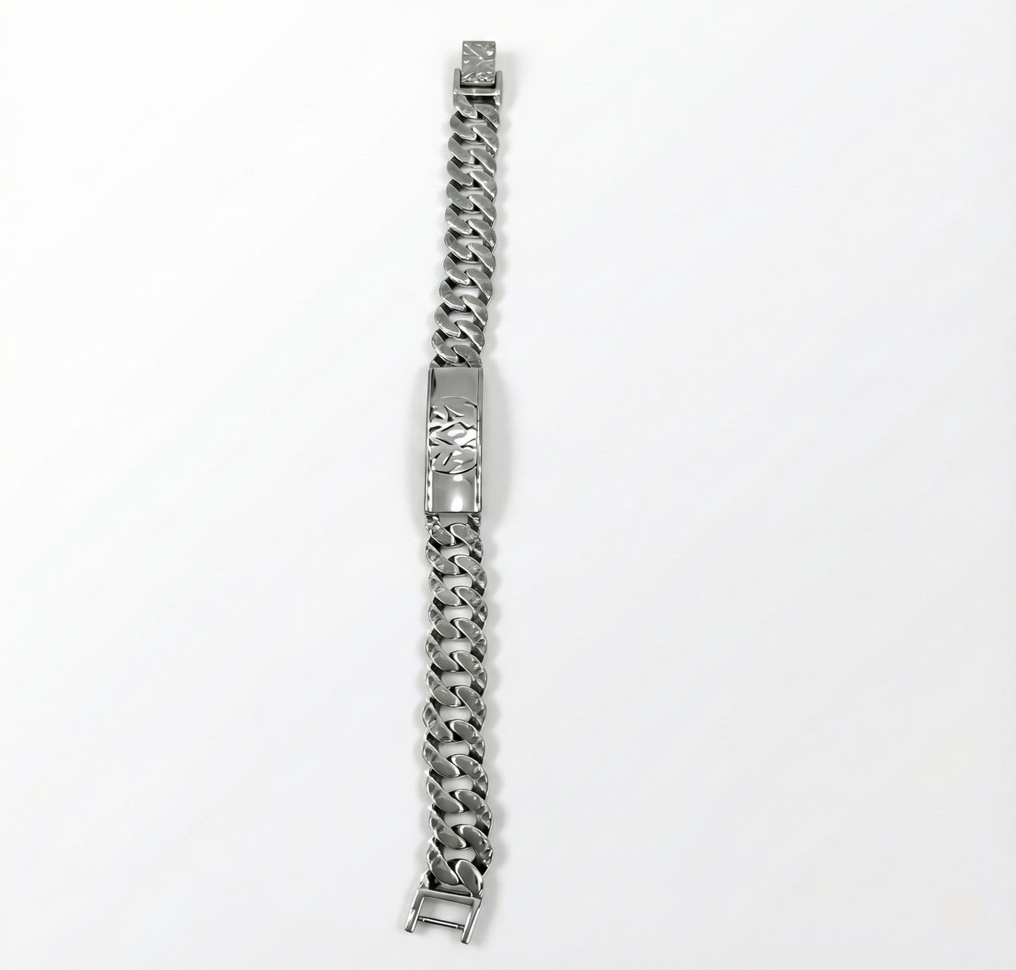 Silver chain-link bracelet on a white background
