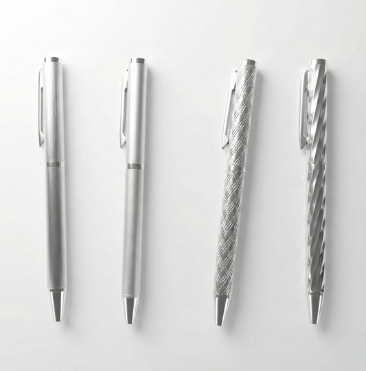 Set of silver pens with different designs on a white background