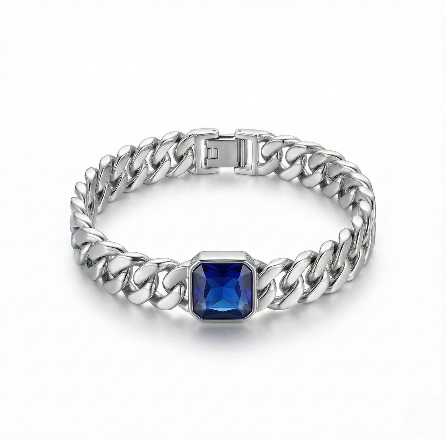 Silver chain bracelet with a blue gemstone on a white background