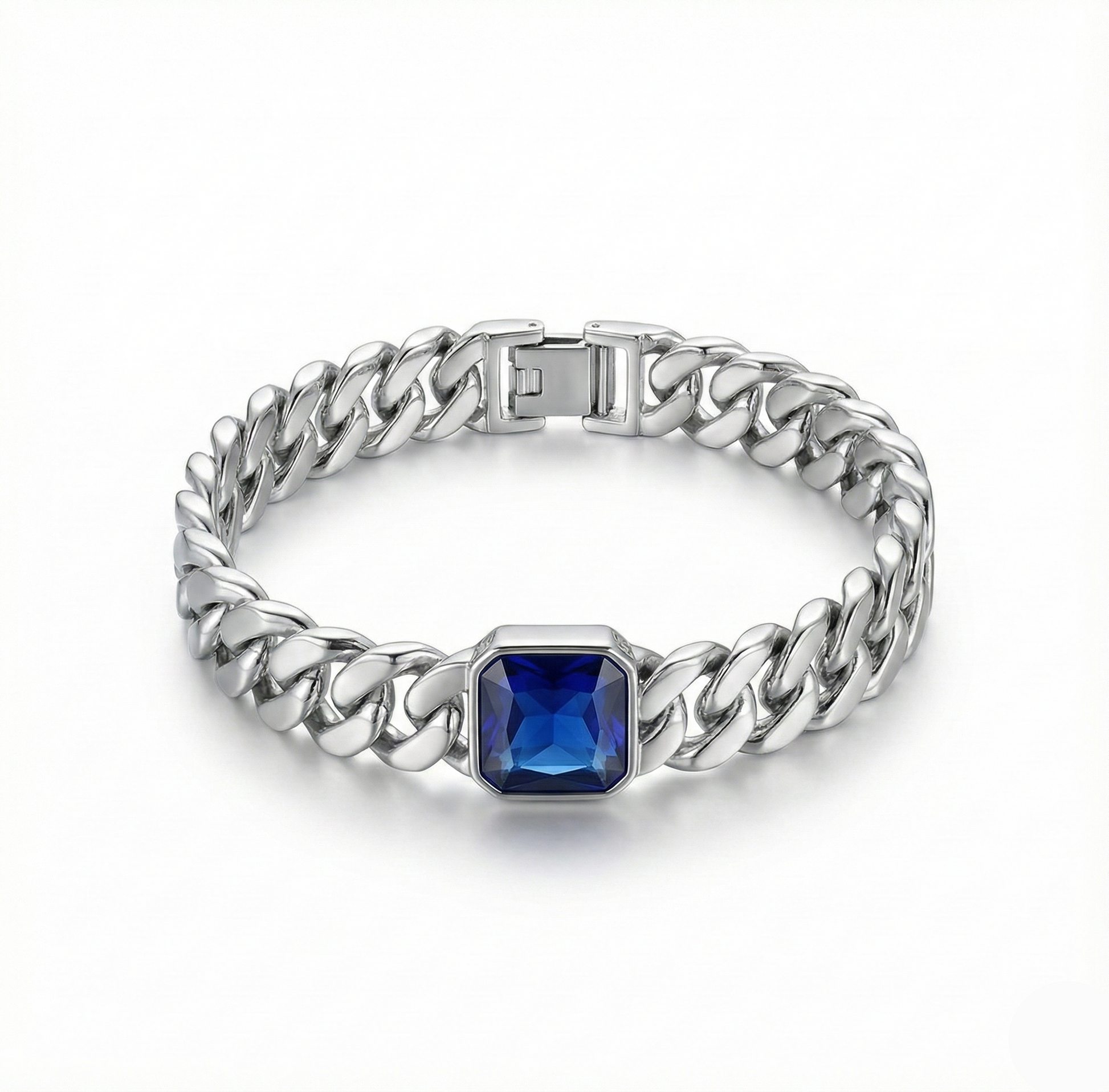 Silver chain bracelet with a blue gemstone on a white background