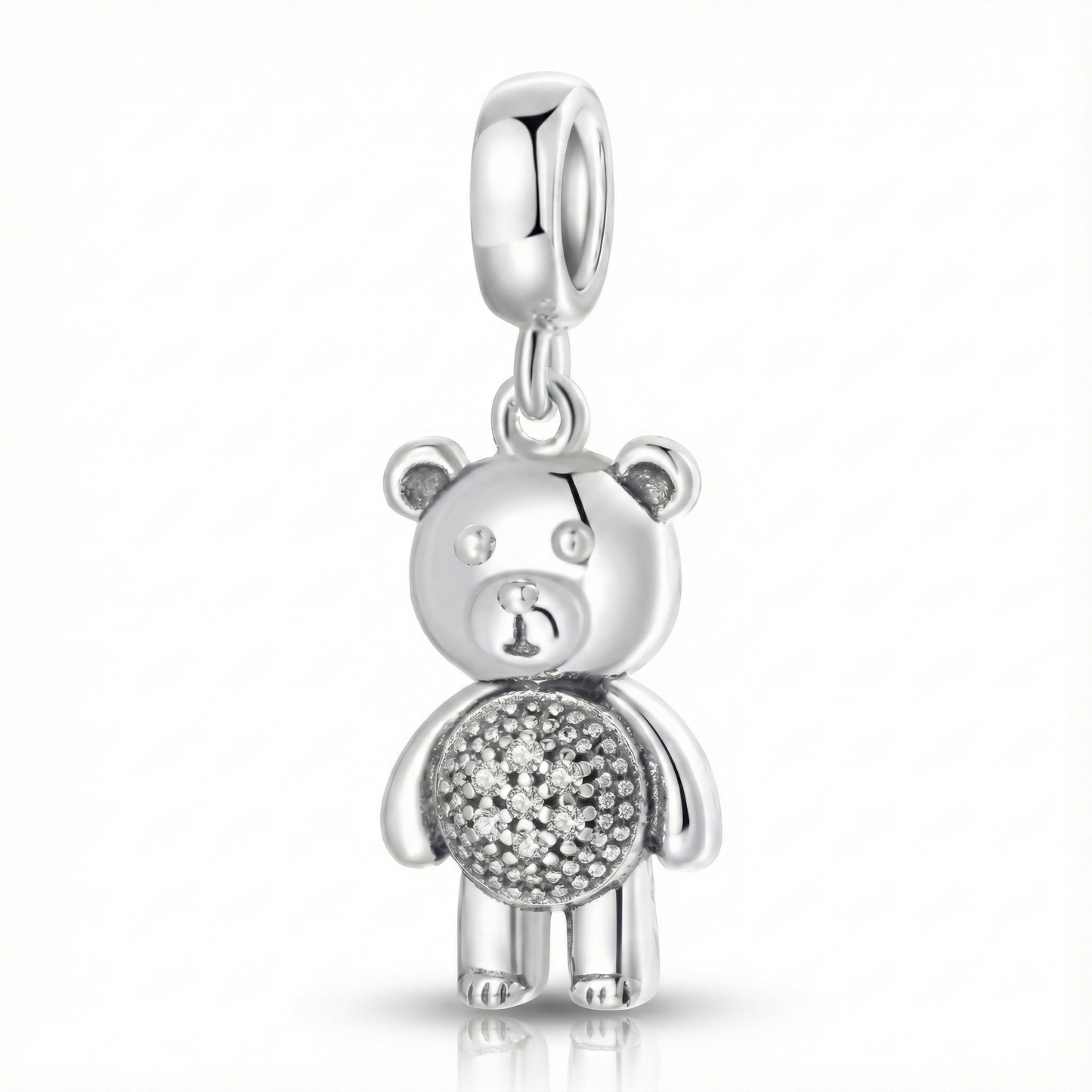 Silver teddy bear charm with clear stones on a white background