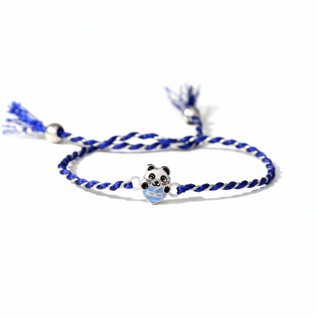 Silver Blue Heart Panda Rakhi For Kids