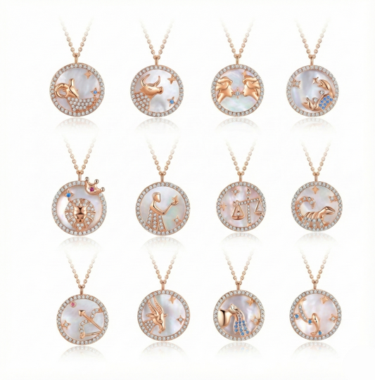 Set of zodiac-themed necklaces on a white background