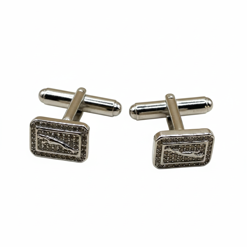 Pair of silver rectangular cufflinks with a logo on a white background