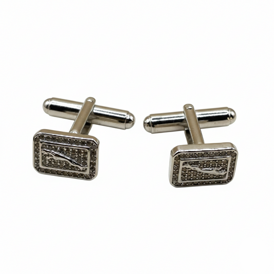 Pair of silver rectangular cufflinks with a logo on a white background