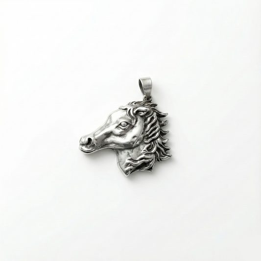 Silver horse head pendant on a white background
