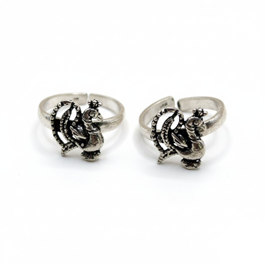 Pair of silver rings with intricate designs on a white background