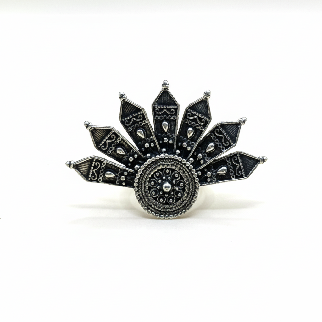 Decorative ring with intricate design on a white background