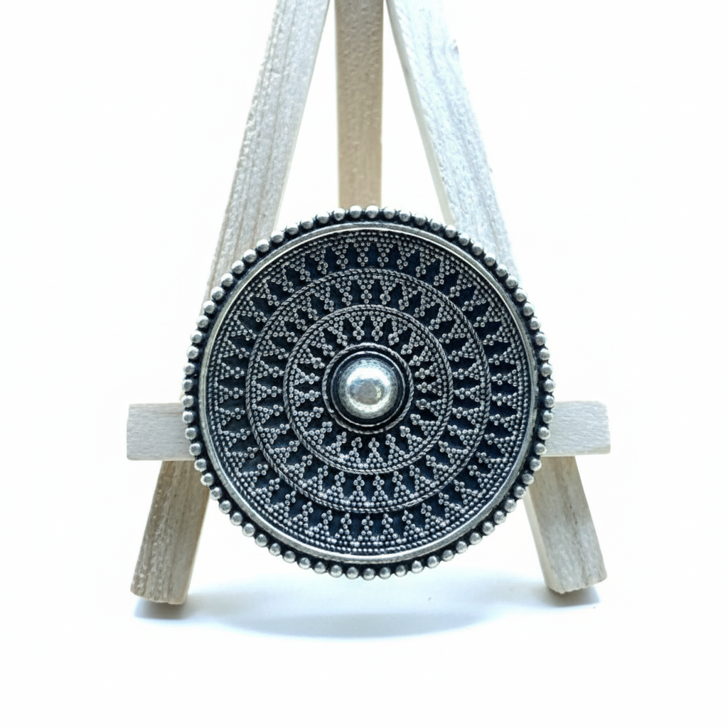 Decorative wheel with intricate patterns on a small wooden stand against a white background