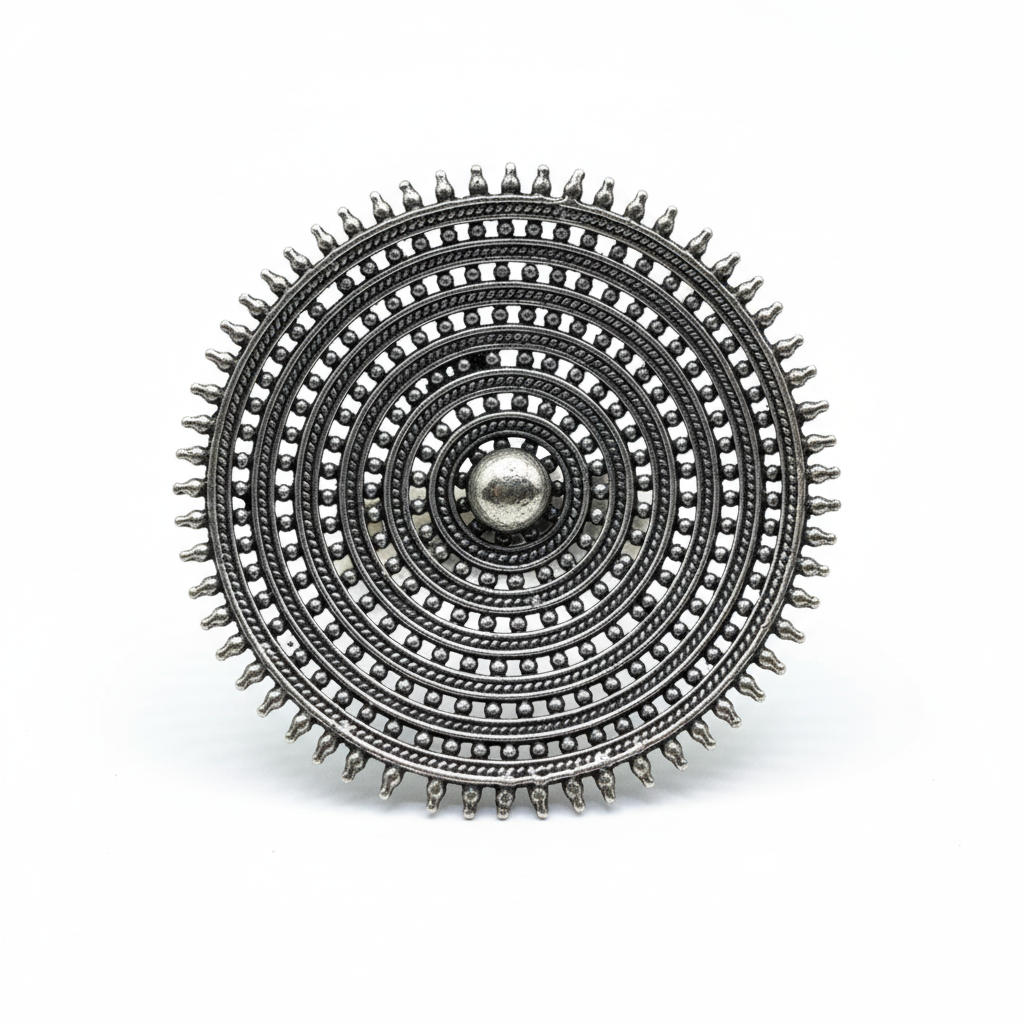 Silver circular brooch with intricate design on a white background