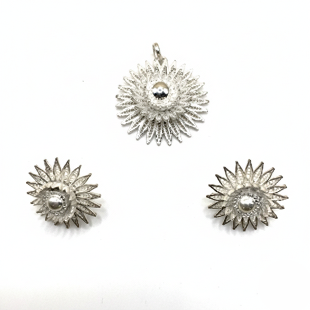 Three silver sunflower-shaped earrings on a white background