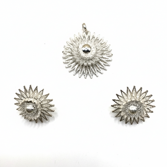Three silver sunflower-shaped earrings on a white background