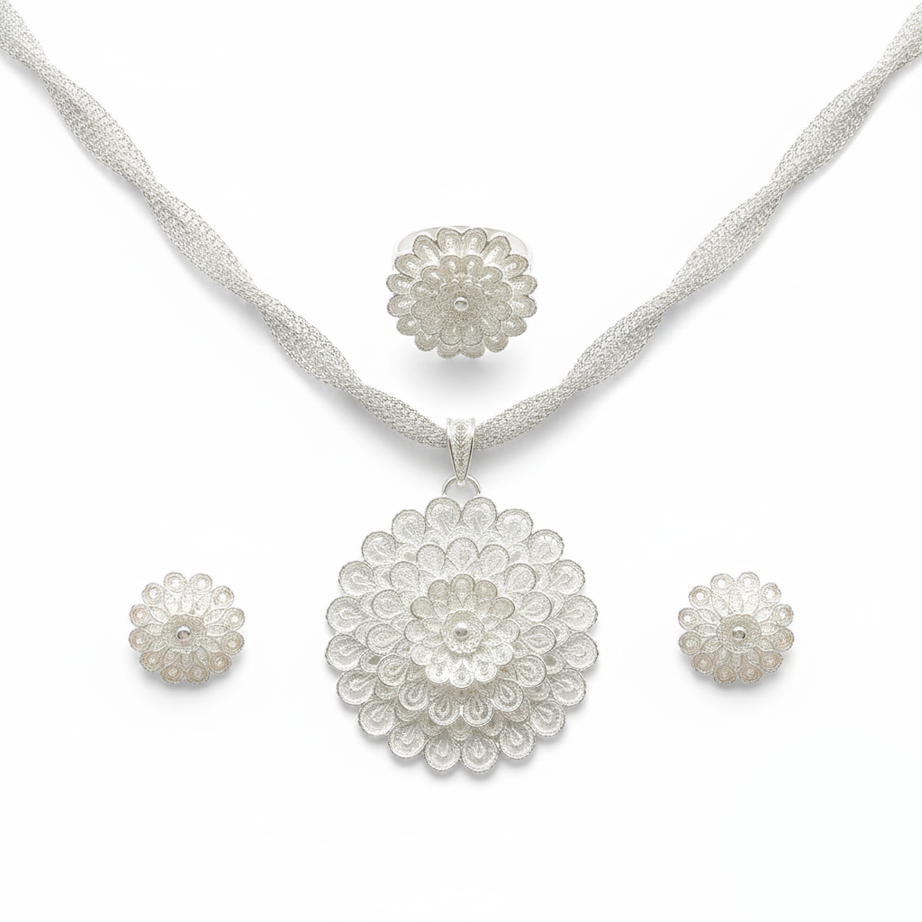 Silver necklace and earrings set on a white background