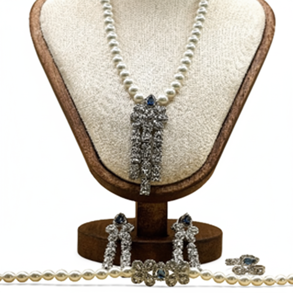 Pearl necklace with silver jewelry on a wooden stand against a white background