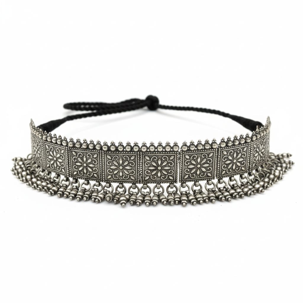 Decorative headband with intricate metalwork and beads on a white background
