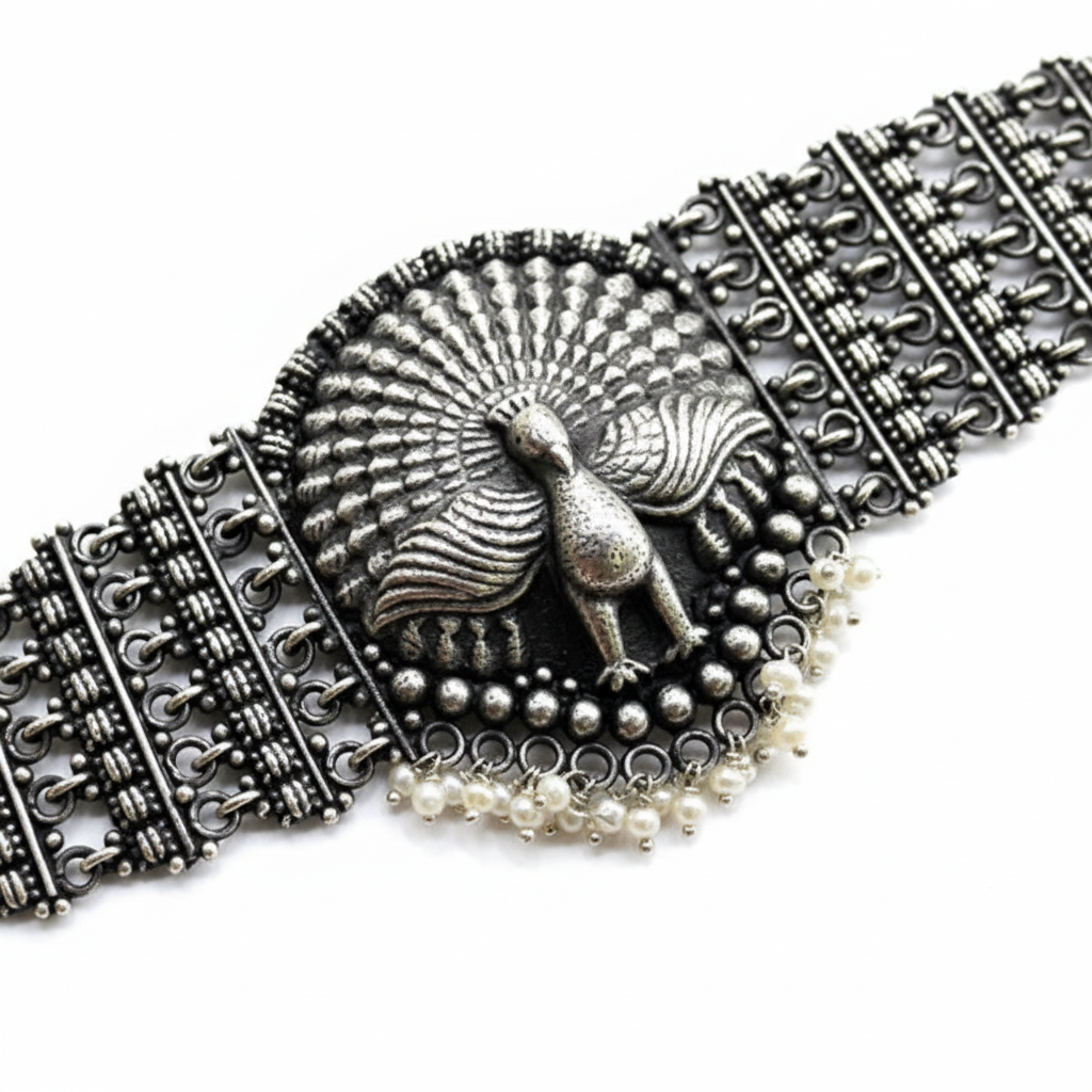 Decorative silver bracelet with peacock design and pearl accents on a white background