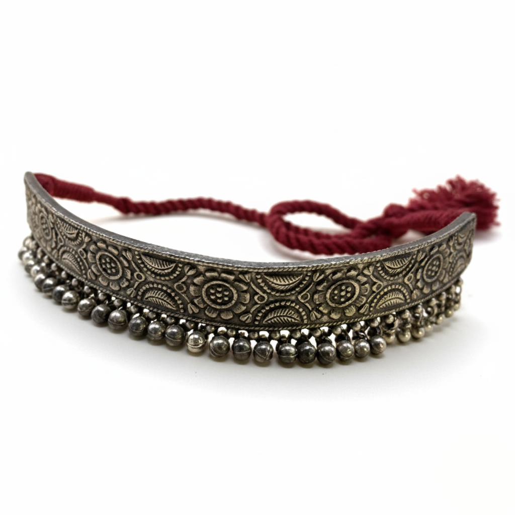 Decorative headband with intricate patterns and beads on a white background