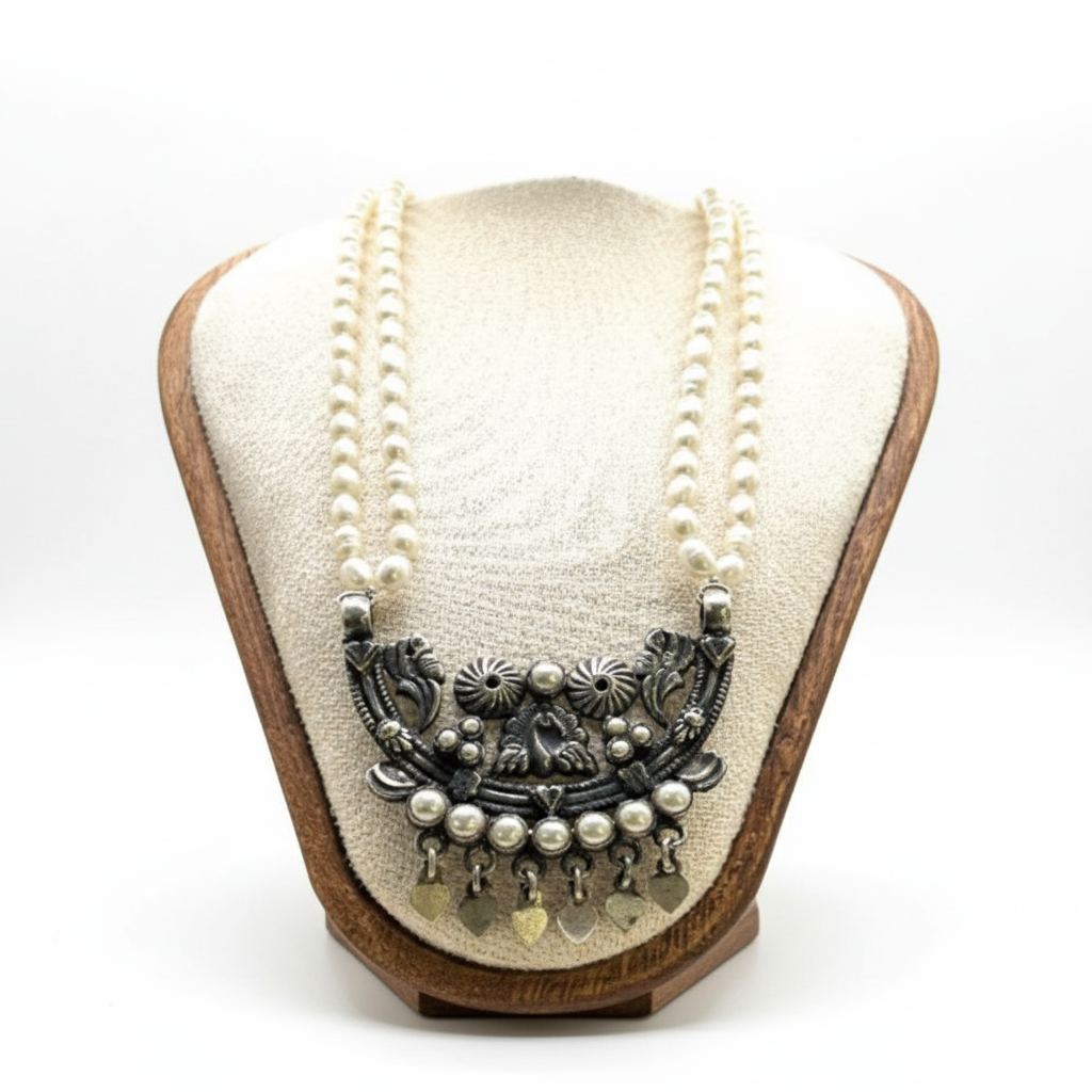 Necklace with decorative elements on a wooden and fabric display