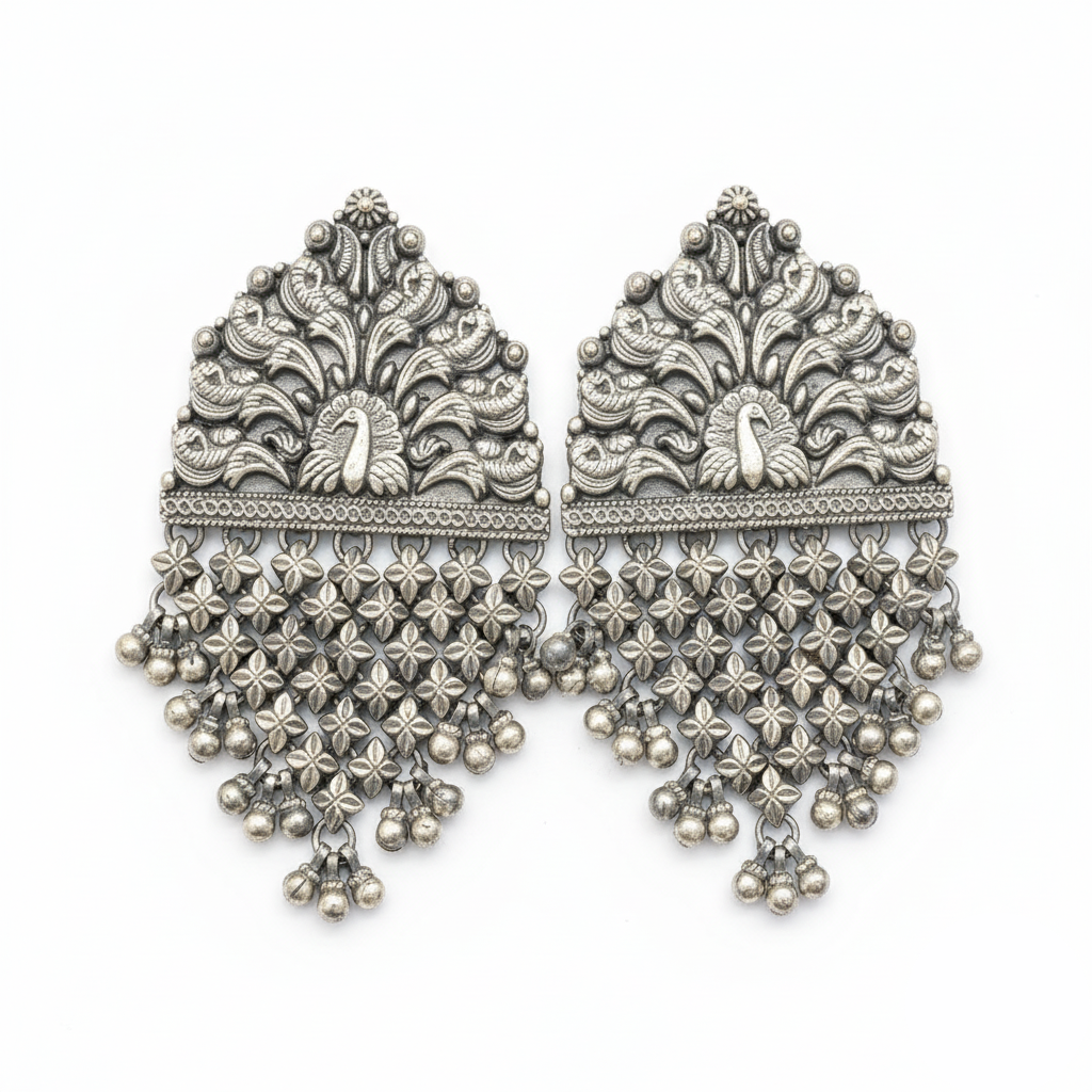Pair of silver earrings with intricate designs on a white background