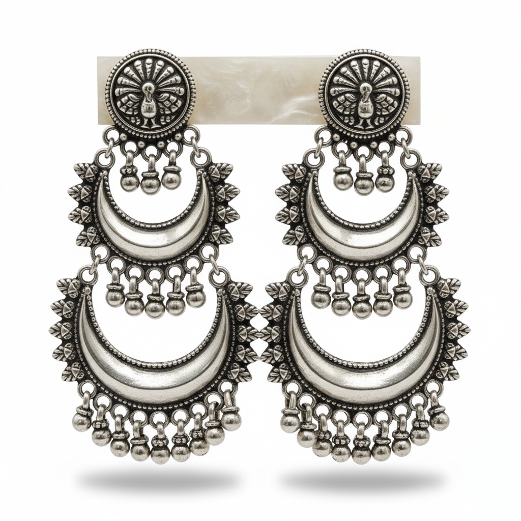 Pair of silver earrings on a white background