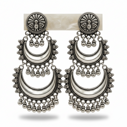 Pair of silver earrings on a white background
